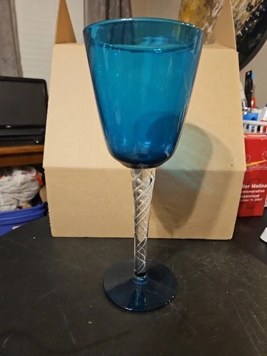 Blenko Glass 489 Large Goblet Chalice Turquoise Blue Crystal Air Twist Stem 13"