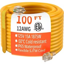 100ft 12/3 Gauge Heavy Duty Outdoor Extension Cord Waterproof with Lighted End