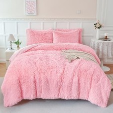 Fluffy Comforter Set 3-Pieces Shaggy Fuzzy Faux Fur Comforter Long Queen Pink