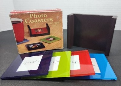  Photo Coasters Vintage Glass with Wood Case Stand Original Box Set of 5 New