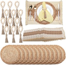 12 Set/36 Pcs Boho Table Placemats, Spring Natural Cotton Burlap, Grass Woven