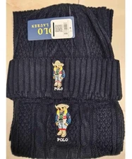 Ralph Lauren Polo Bear Dark Blue Men Women Cable Knit Scarf Beanie Hat 2 Pc Set