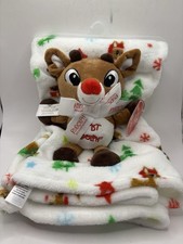 NWT Rudolph the Red-Nosed Reindeer Plush Baby Blanket Set Christmas Toy 30 x 34