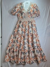 Shein Floral Tiered Maxi Dress in Cream with Peach & Navy Flowers