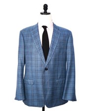 2,295 GIORGIO ARMANI - Blue Plaid Wool/Silk/Linen "SOFT" Blazer - 44R