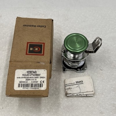 CUTLER HAMMER 10250TA43 SER. A2 Padlock Mushroom Head Oper. Green Push Button