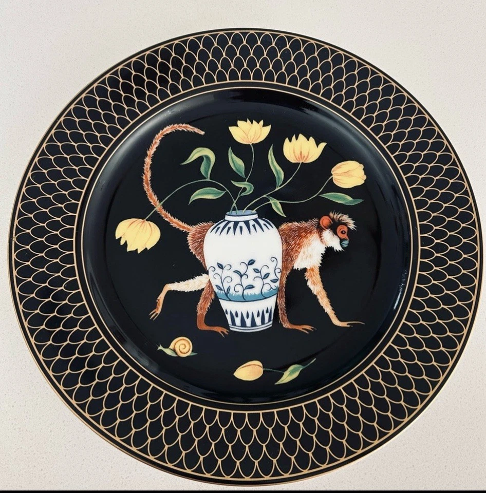 Juego De Colección De 3 | Platos De Porcelana De Jardín Lynn Chase Monkey | Acentos De Oro 24k Foto 4 de 4