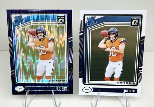 Lot of (2) Bo Nix Rookie Cards - Optic Purple Shock SP & Base - QB DEN Broncos