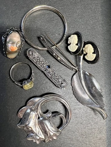 Jewelry Ant. LOT  10k White Gold Filigree Brooch + 925 Sterling Rings Pins etc