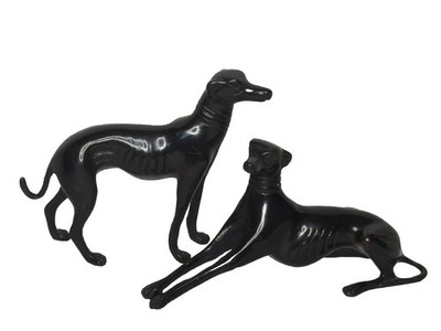 Greyhound Whippet Dogs Bronze Metal Figurines Pair Set Of 2  MCM Art Sculpture