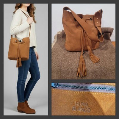 HUMA BLANCO Brown Suede Leather Drawstring Bucket Bag HOBO Shoulder Purse
