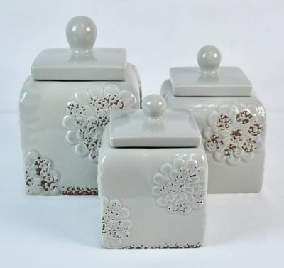 Floral Canister Set Drew Derose Design Light Gray Farmhouse Kitchen Storage