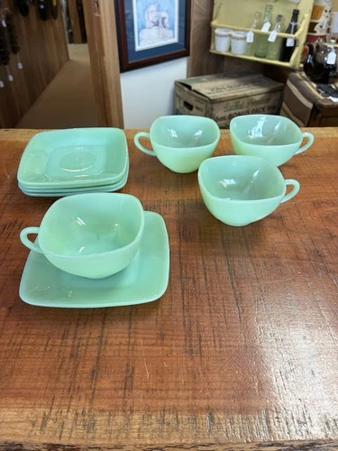 1950's Fire King Jadeite Square Cup And Saucer 4 Piece Sets