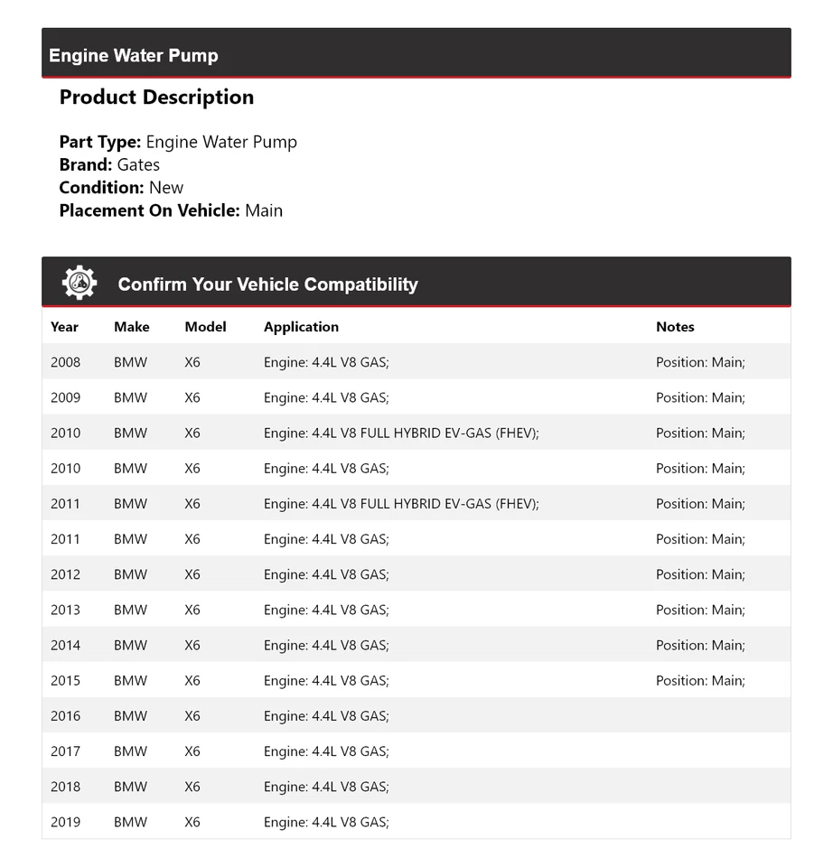 适用于 2008 - 2019 年宝马 X6 发动机水泵门 2009 2010 2011 2012 2013 2014 2015 — 第 2/4 张图片