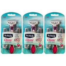 Pack of (3) New Schick Classic Hybrid Razor 1 handle 5 cartridges with 3 blades