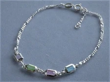  9" to 10" ANKLE BRACELET STERLING SILVER FIGARO +MULTI-COLOR CRYSTALS ITALY 925