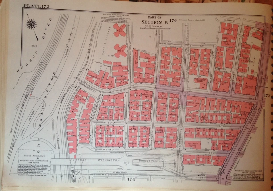 1955 INWOOD GEORGE WASHINGTON BRIDGE MANHATTAN NYC G.W. BROMLEY ATLAS MAP 12X17 - Image 2 of 2