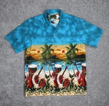 Island Aloha Wear Shirt Mens XL Hawaiian Ukulele Lei Drums Palm Beach Cotton USA