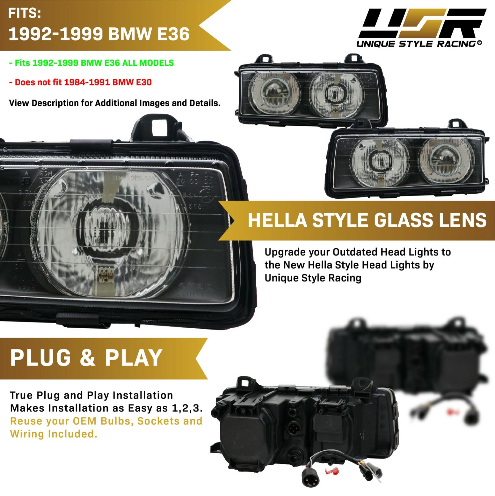 DEPO Euro GLASS Ellipsoid Projector Hella Style Headlamp For BMW E36 3 Series