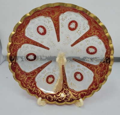 Bohemian Josefhinenhutte / Moser Crystal Ruby Gilded Glass Dish 5 3/4'' #1