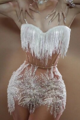 Women Sexy Mesh Singer Beading Glitter Club Party 2 Pcs Skirt Suits Stage  Outfit | eBay