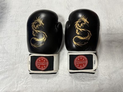 WAKO 10 OZ KICKBOXING COMPETITION GLOVES PAIR BLACK W/ GOLD DRAGON BOXING