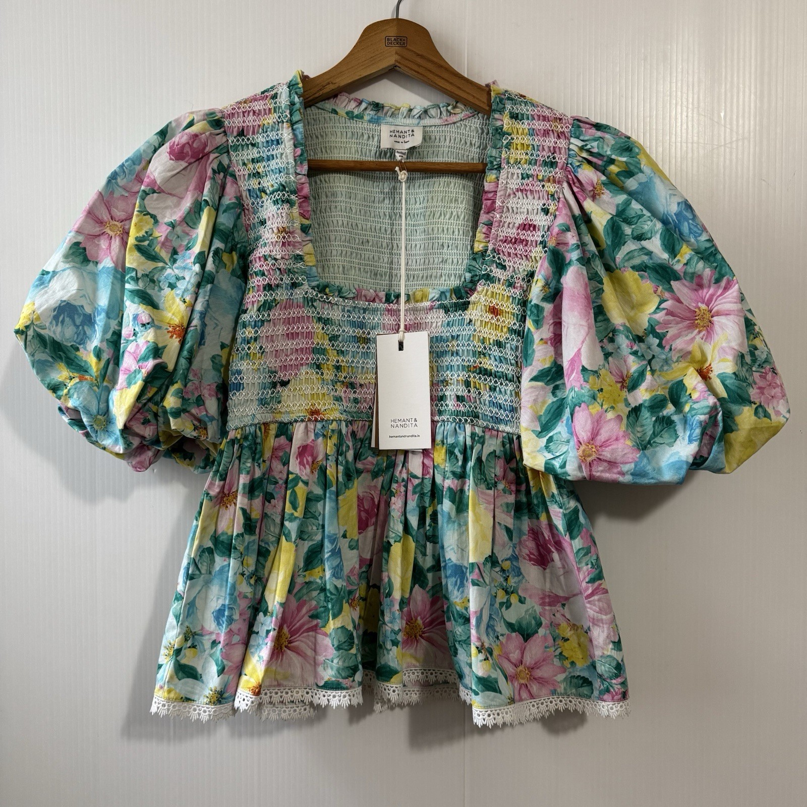NEW Hemant & Nandita Azalea Womens Blouse Top Sz XS Puff Sleeve Floral