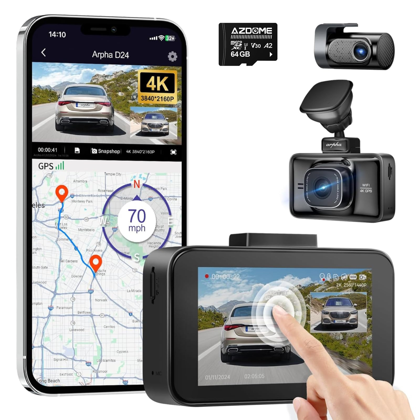 4K Front and Rear Dash Cam with 64GB Card, 5G WiFi GPS Included