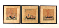 3 Old Antique Chinese Paintings Men and Boats Scene On Silk Unsigned Framed