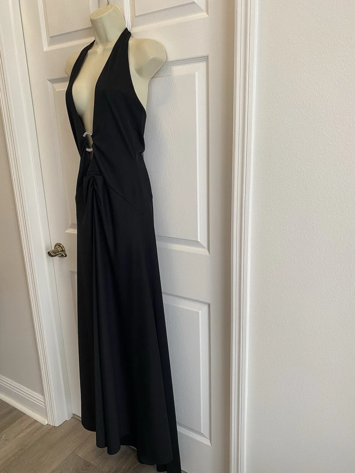 Vintage 90s Cache Maxi Dress Gown Black Low Plunge Neckline Rhinestone Sexy Sz 8 - Image 4 of 4
