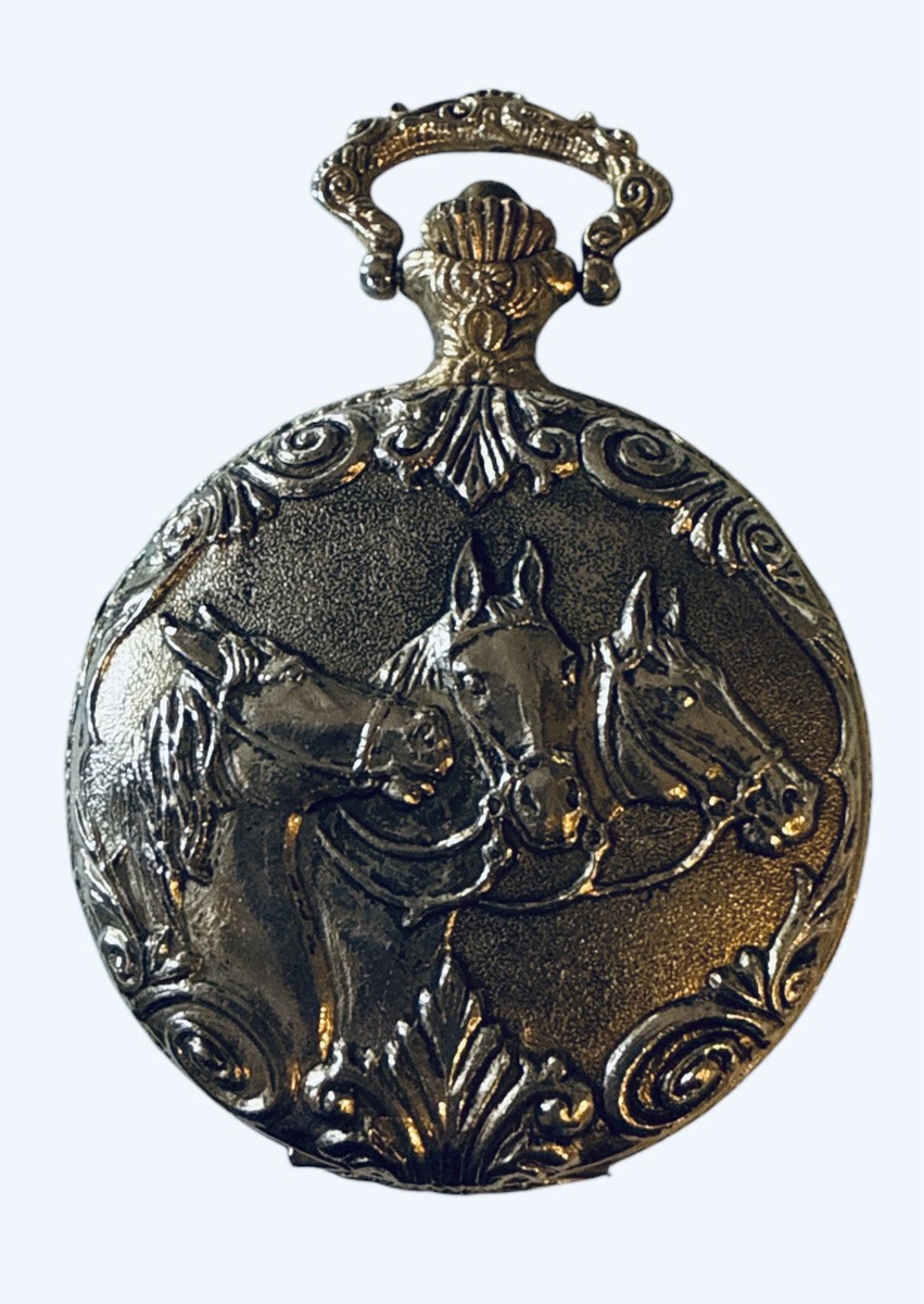 Vintage Geneva Pocket Watch Pendant Horse Motif Gold & Silver Tone