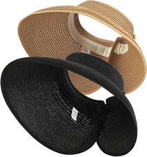 2Pcs Foldable Straw Sun Visor Hats,Wide Brim Ponytail Summer Beach Hat