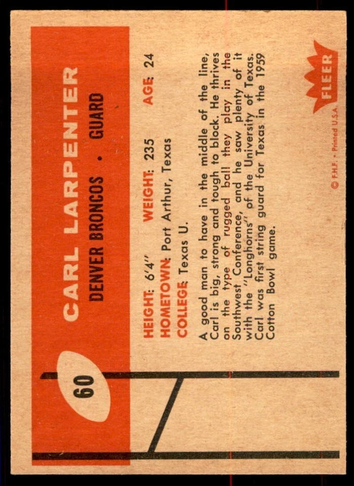 1960 Fleer Carl Larpenter Denver Broncos #60 - Image 2 of 2