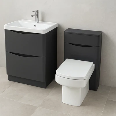 BATH SUPERMARKET Bathroom Vanity Unit Designer Furniture Suite Back to Wall WC Toilet, Basin Sink