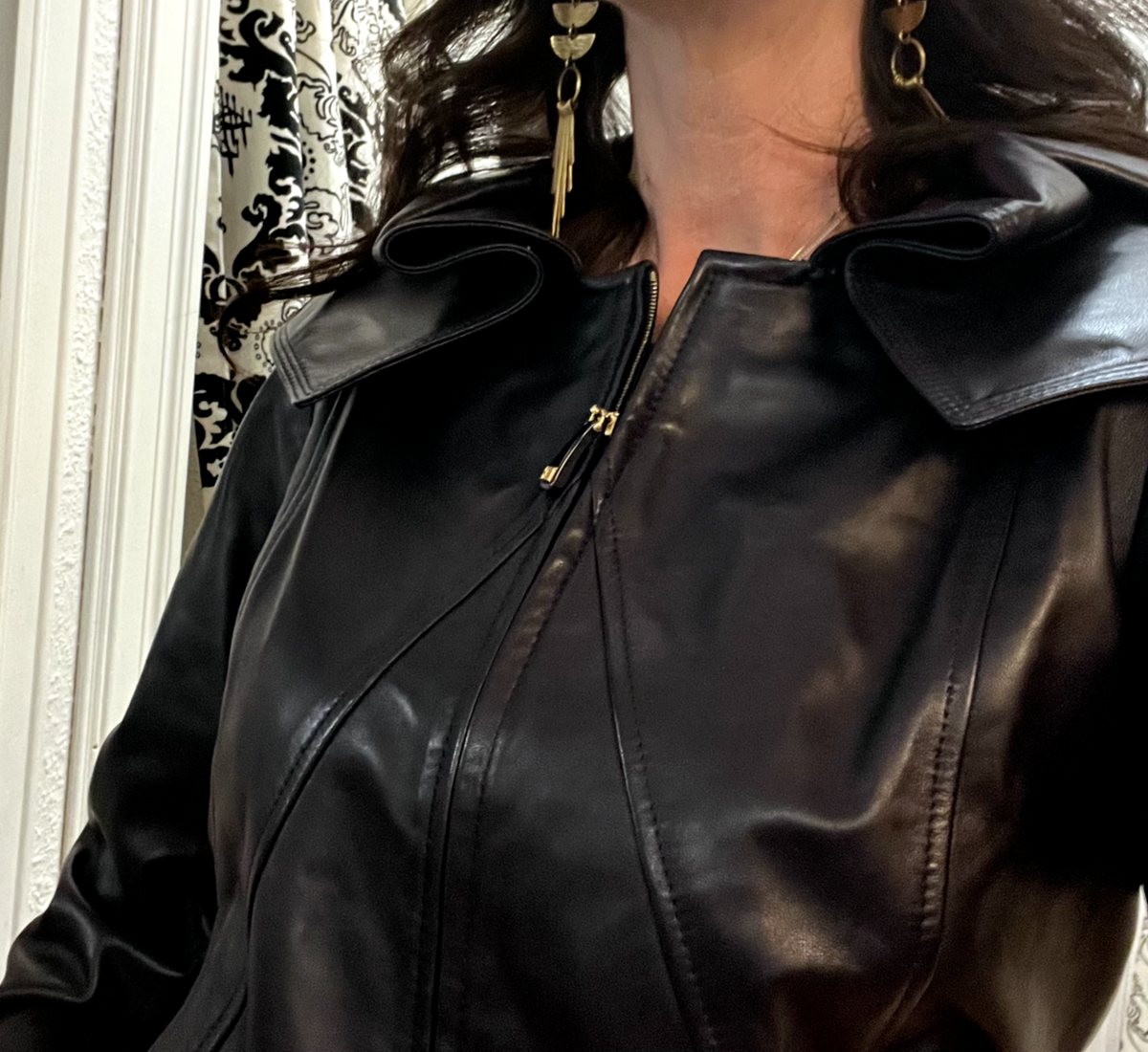 Escada Jacket 38 Blue Black Leather Moto Jacket Lambskin