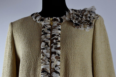 NWT St. John Size 6 Anise Melange Zip Up Flower Pin Knit Blazer Jacket Silk Trim