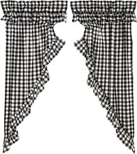 63"L Country Black Buffalo Check Ruffled Drawstring Prairie Curtains Lined Annie