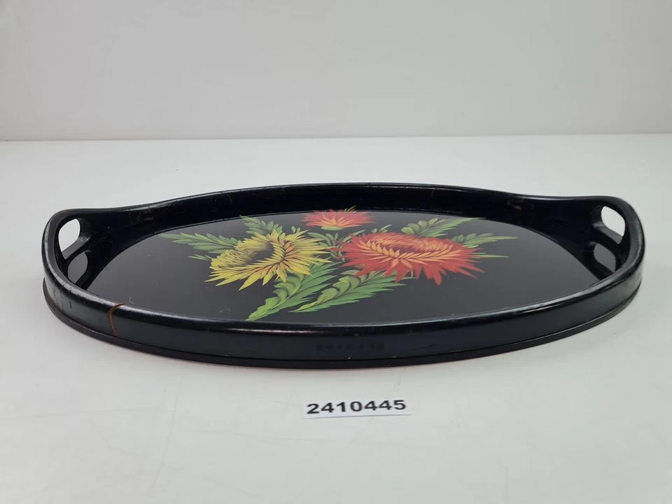 Tablett oval schwarz handbemalt Glas Klavierlack Blumen Griffe Vintage #2410445 - Bild 2 von 4