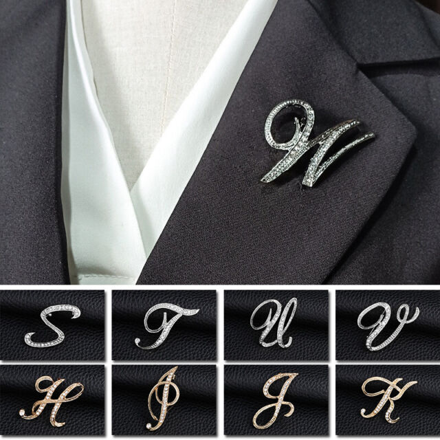 Metal Rhinestone Brooches Lapel Pin Alphabet Letters Badge Wedding Party Jewelry