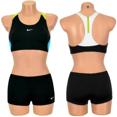 Nike Ensemble Bikini Femme Bustier Boxer Badehose Noir Crop Top 36 42 S M L - Photo 1/3