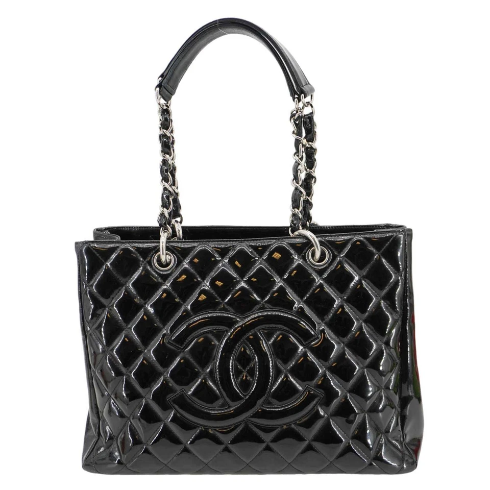 CHANEL Grand Shopping Patent Quilted Leather GST Tote Bag Black