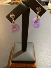 Vintage Sterling Silver Lavender Jade Happiness Dangle Earrings Signed FAS