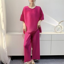 Summer Women's Wrinkle Loose Top Straight Leg Trouser Split Wide Leg Trouser