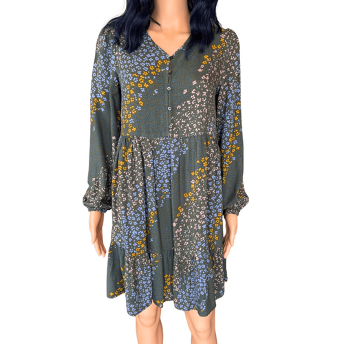 Treasure & Bond Girls Green Floral Tiered Long Sleeve Dress Size XL 14/16