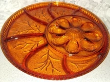Vintage 13" Ornate Hobnail Amber Glass Deviled Egg Platter / Serving Tray Plate 
