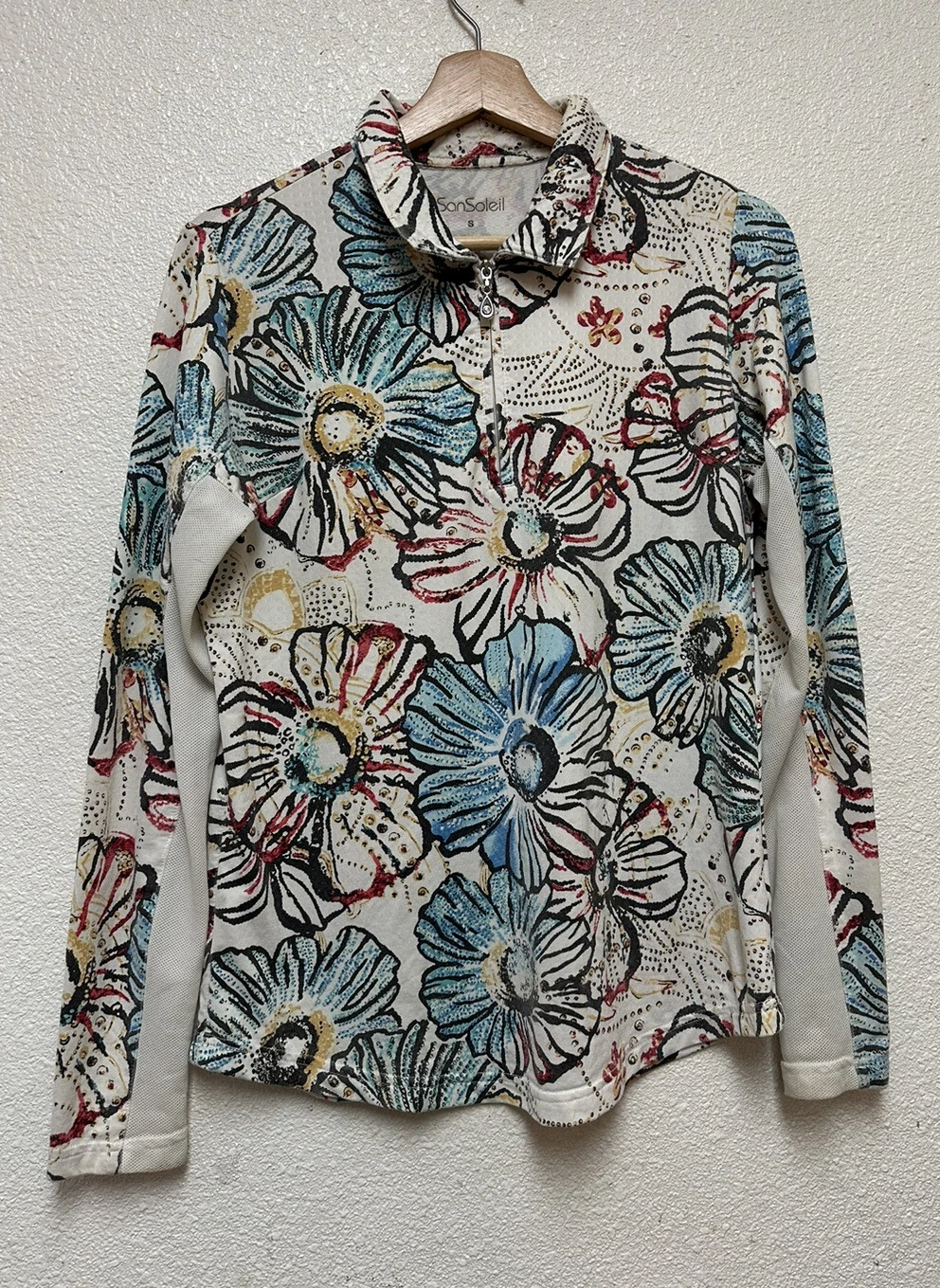 San Soleil Sun Protection UPF 50 Floral Long Sleeve 1/4 Zip Activewear Top Sz S