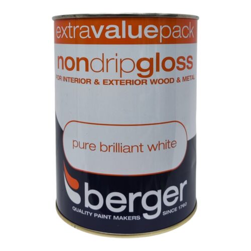Berger Non Drip Gloss 1.25L Pure Brilliant White, White Gloss, For Wood/Metal - Afbeelding 1 van 1