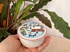 Villeroy & Boch Porcelain Trinket Box, Naif Village Winter Scene, Cute Vintage G