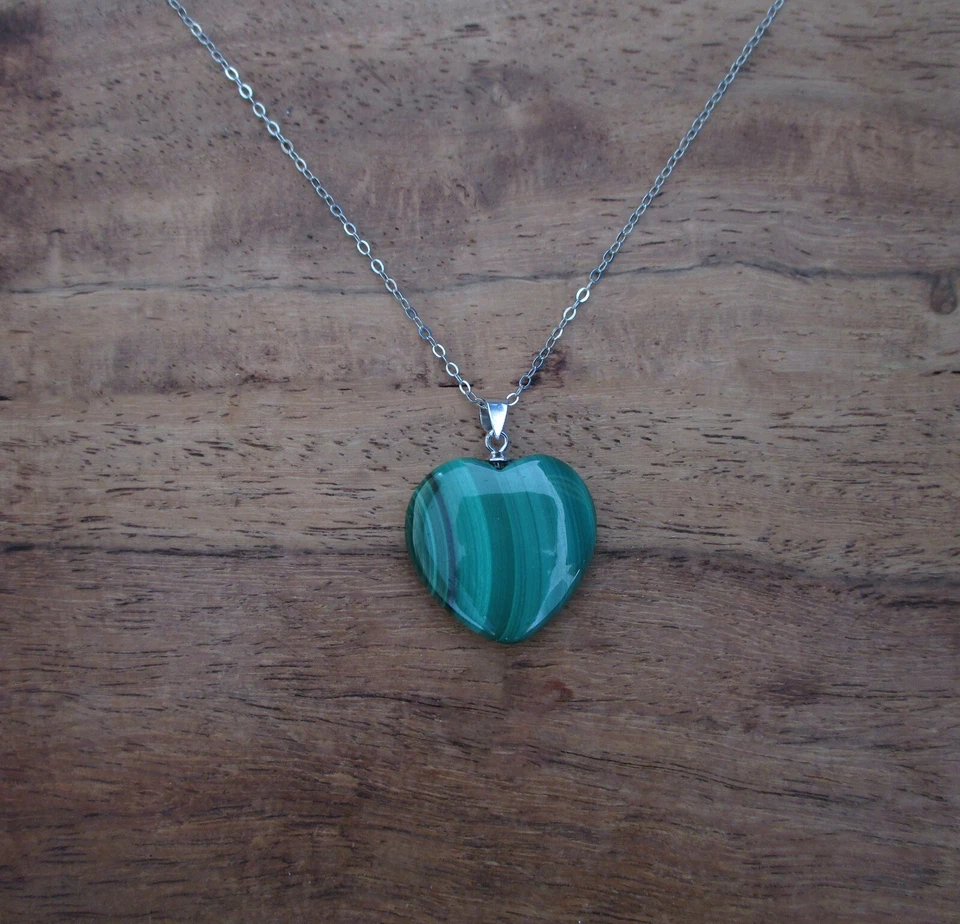 catenina collana donna pietra malachite charm amuleto cuore argento 925 rodiato - Immagine 2 di 4
