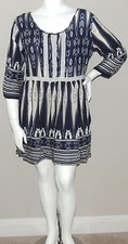 Velzera Boho Bohemian Tribal Print & Lace Tunic Dress Navy Blue Plus 1XL 2XL New
